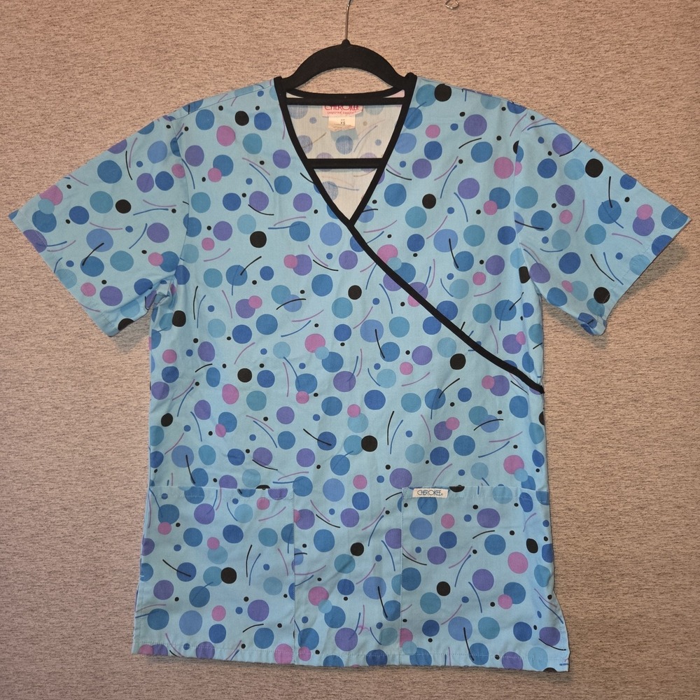 Cherokee Scrubs Top Size XS Blue Polka Dots Print V-Neck Nursing Vet Medical Use